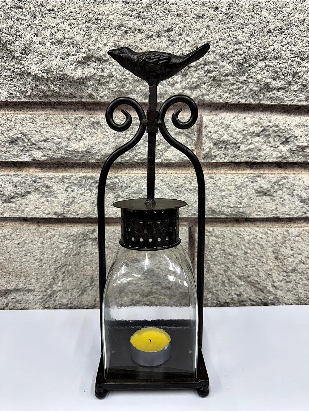 Bird Finial Metal & Glass Candle Lantern – Scrollwork Farmhouse Decor